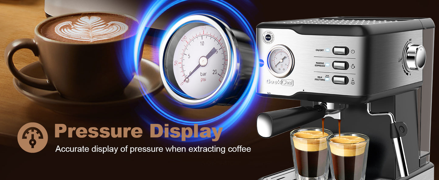 Geek Chef Espresso Machine, Espresso and Cappuccino latte Maker 20 Bar Pump Coffee Machine Compatible with ESE POD capsules filter&Milk Frother Steam Wand,950W,1.5L Water Tank Ban on Amazon