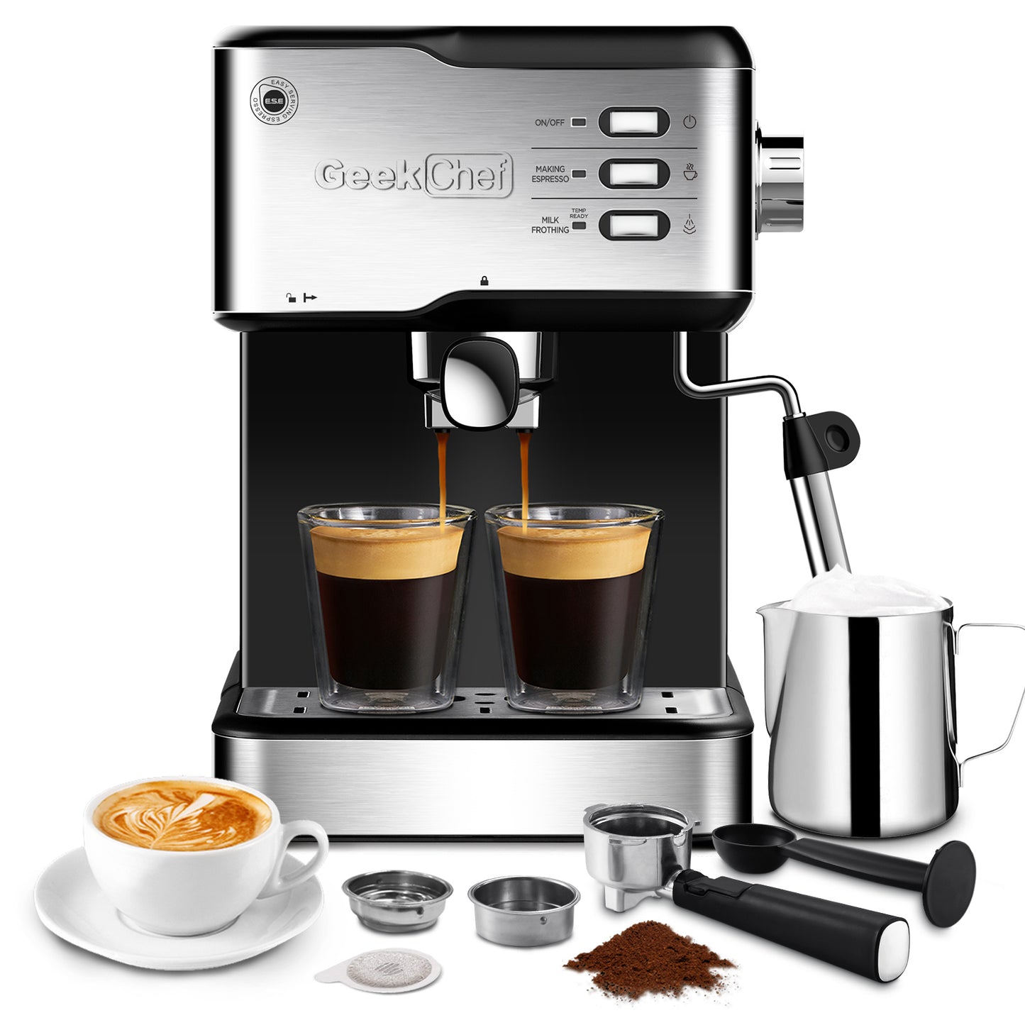Geek Chef Espresso Machine, Espresso and Cappuccino latte Maker 20 Bar Pump Coffee Machine Compatible with ESE POD capsules filter&Milk Frother Steam Wand,950W,1.5L Water Tank Ban on Amazon