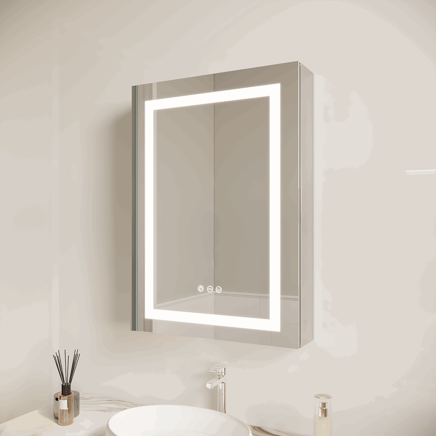 26x20 inch Bathroom Medicine Cabinet with LED Mirror, Anti-Fog, Waterproof, 3000K~6000K Single Door Lighted Bathroom Cabinet with Touch Swich, Dimmable,Recessed or Surface Mount (Left Door)