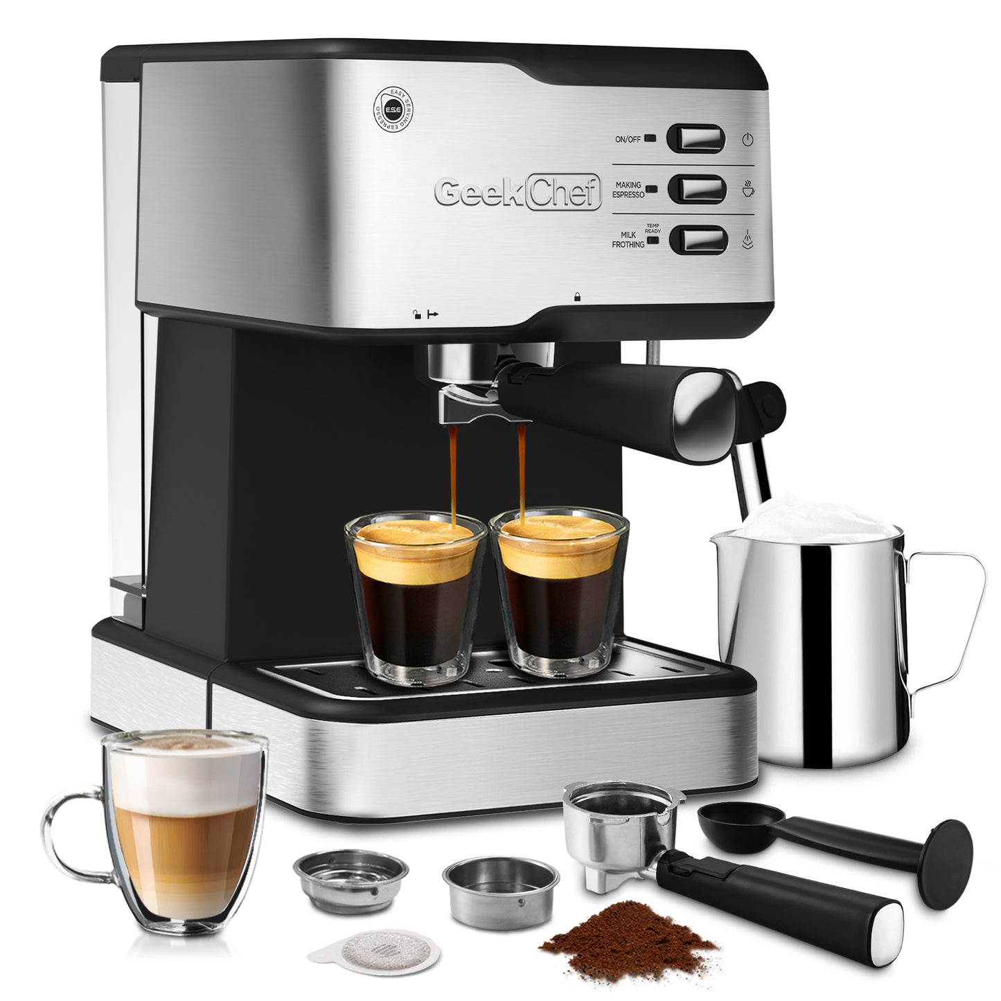 Geek Chef Espresso Machine, Espresso and Cappuccino latte Maker 20 Bar Pump Coffee Machine Compatible with ESE POD capsules filter&Milk Frother Steam Wand,950W,1.5L Water Tank Ban on Amazon