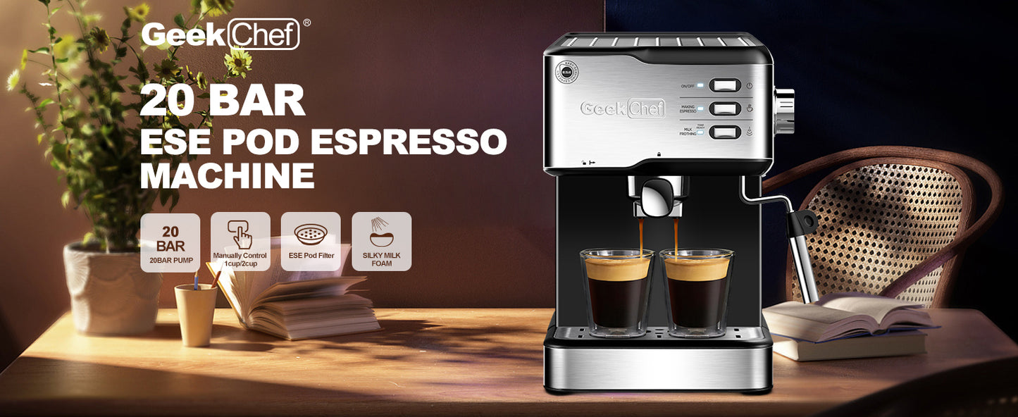Geek Chef Espresso Machine, Espresso and Cappuccino latte Maker 20 Bar Pump Coffee Machine Compatible with ESE POD capsules filter&Milk Frother Steam Wand,950W,1.5L Water Tank Ban on Amazon