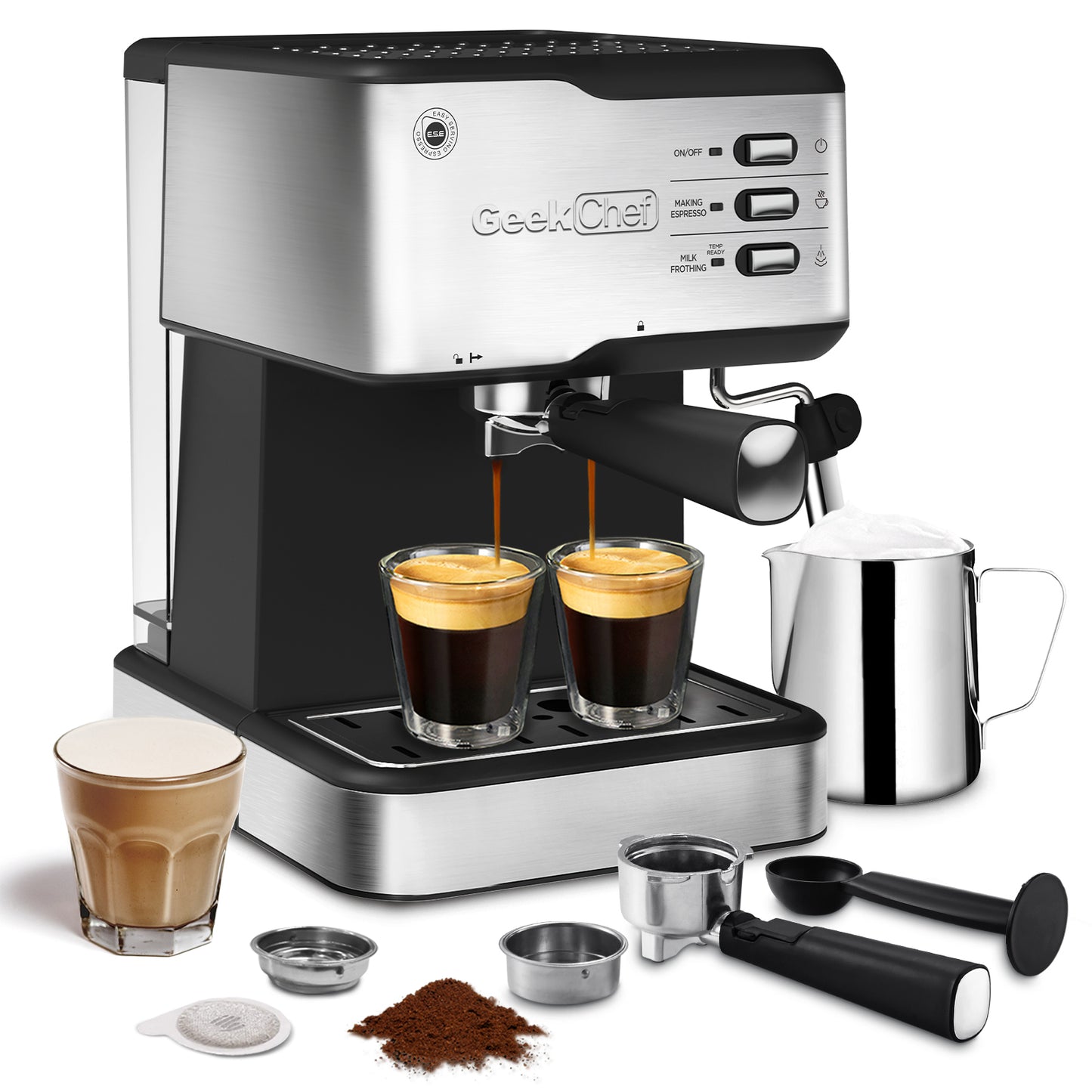 Geek Chef Espresso Machine, Espresso and Cappuccino latte Maker 20 Bar Pump Coffee Machine Compatible with ESE POD capsules filter&Milk Frother Steam Wand,950W,1.5L Water Tank Ban on Amazon