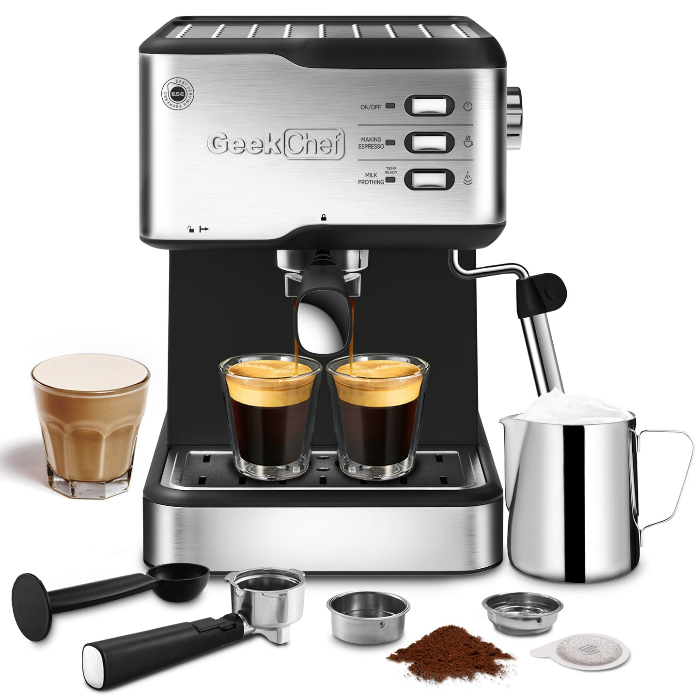 Geek Chef Espresso Machine, Espresso and Cappuccino latte Maker 20 Bar Pump Coffee Machine Compatible with ESE POD capsules filter&Milk Frother Steam Wand,950W,1.5L Water Tank Ban on Amazon