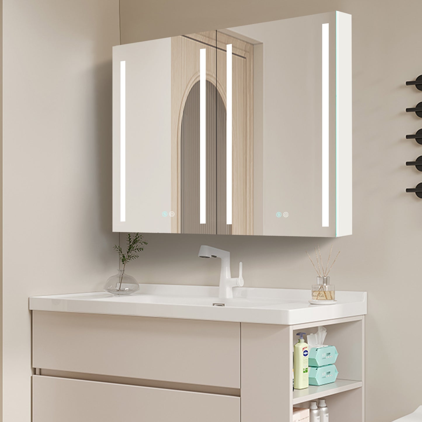 40x30 Inch LED Bathroom Medicine Cabinet Surface Mount Double Door Lighted Medicine Cabinet, Medicine Cabinets for Bathroom with Mirror Defogging, Dimmer White