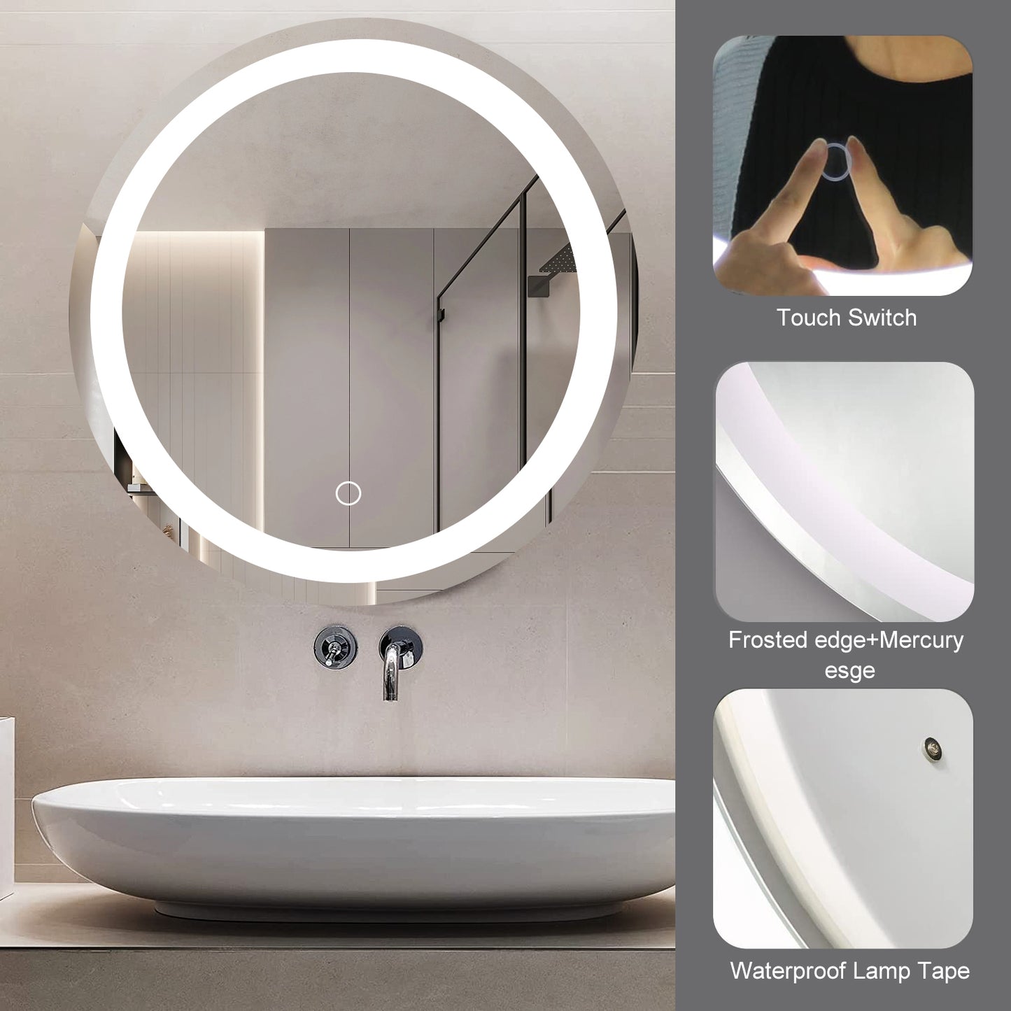 24 Inch LED Round Bathroom Mirror ANTI-FOGGING AND WATERPROOF