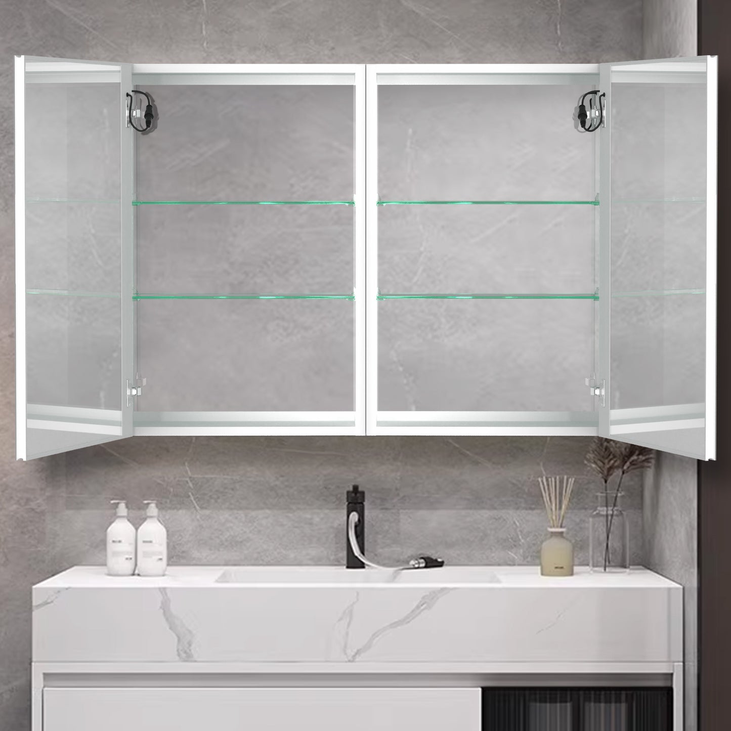 40x30 Inch LED Bathroom Medicine Cabinet Surface Mount Double Door Lighted Medicine Cabinet, Medicine Cabinets for Bathroom with Mirror Defogging, Dimmer White