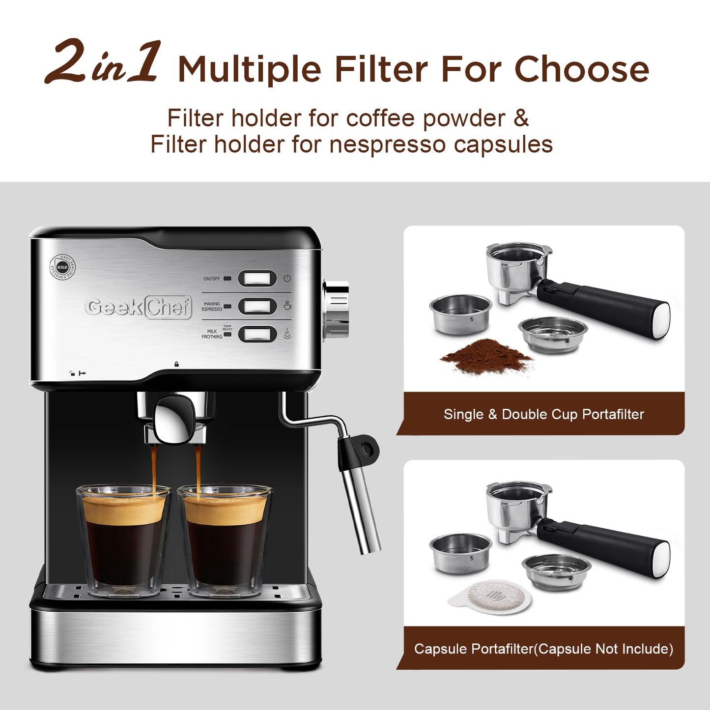 Geek Chef Espresso Machine, Espresso and Cappuccino latte Maker 20 Bar Pump Coffee Machine Compatible with ESE POD capsules filter&Milk Frother Steam Wand,950W,1.5L Water Tank Ban on Amazon