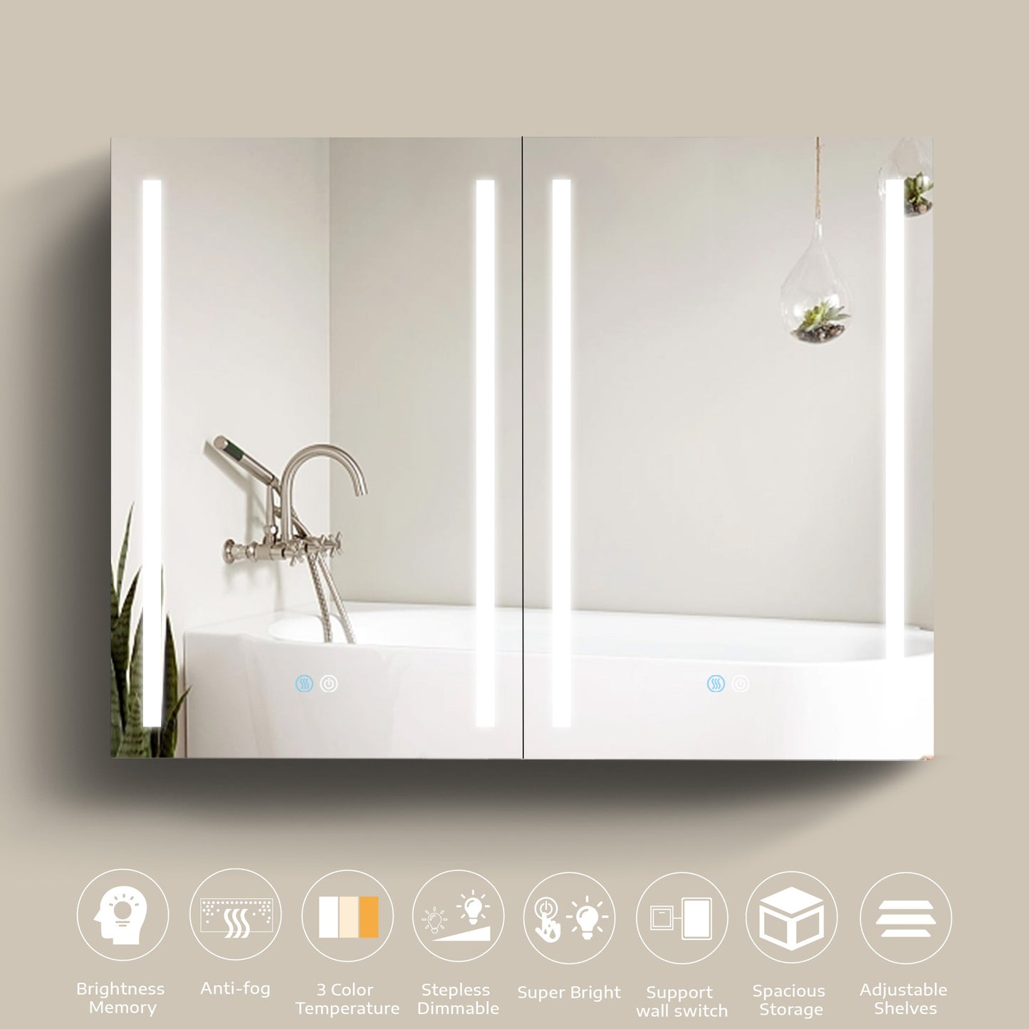 40x30 Inch LED Bathroom Medicine Cabinet Surface Mount Double Door Lighted Medicine Cabinet, Medicine Cabinets for Bathroom with Mirror Defogging, Dimmer White