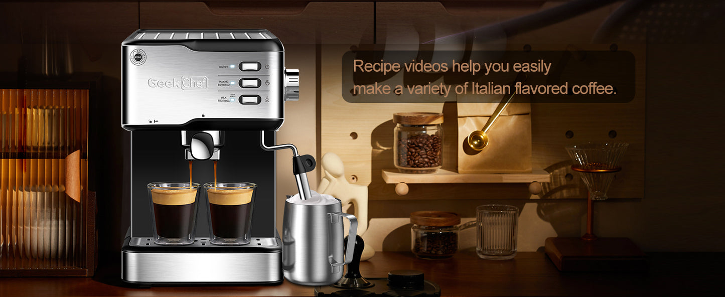 Geek Chef Espresso Machine, Espresso and Cappuccino latte Maker 20 Bar Pump Coffee Machine Compatible with ESE POD capsules filter&Milk Frother Steam Wand,950W,1.5L Water Tank Ban on Amazon