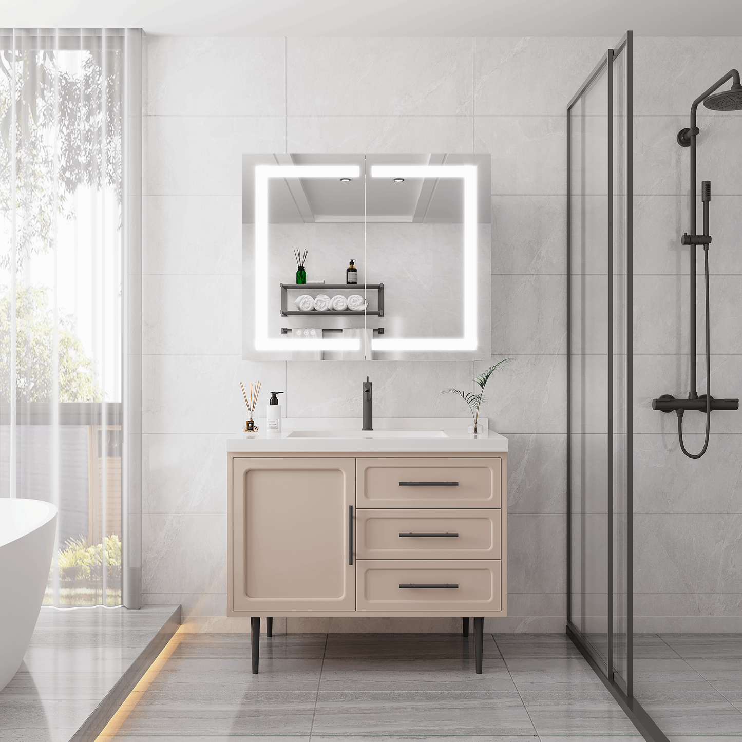 36 x 30 inch Medicine Cabinet with LED Vanity Mirror, Anti-Fog, Recessed or Surface Mount, Waterproof, Dimmable, Aluminum 3000K~6000K Lighted Double Door Bathroom Cabinet with Touch Switch
