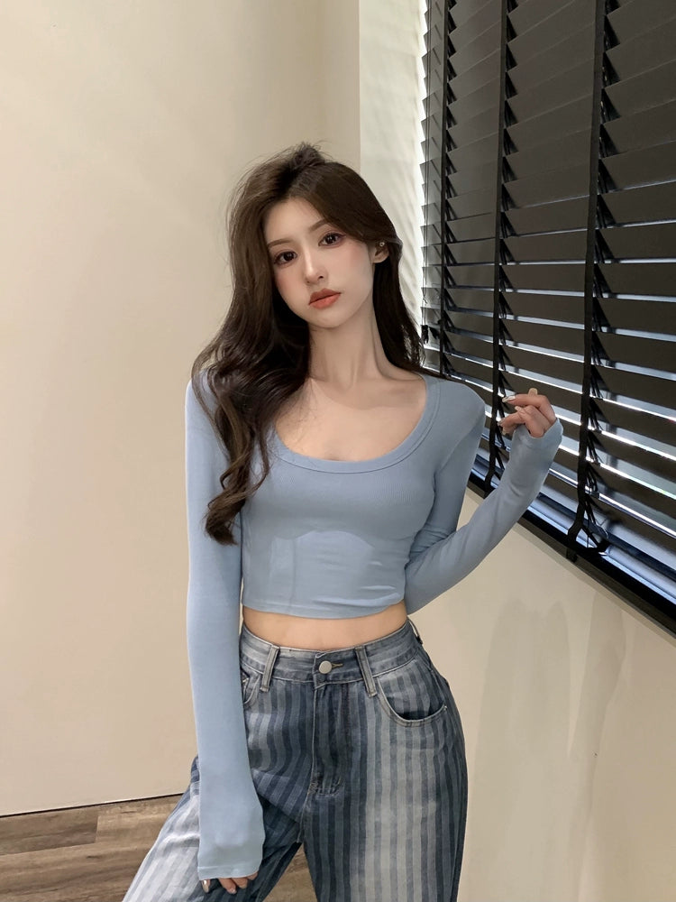 Amazing U-Neck Women's Autumn Retro Long Sleeve Underwear Top Slim T-shirt