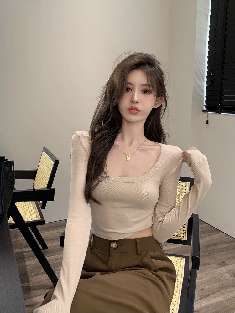 Amazing U-Neck Women's Autumn Retro Long Sleeve Underwear Top Slim T-shirt