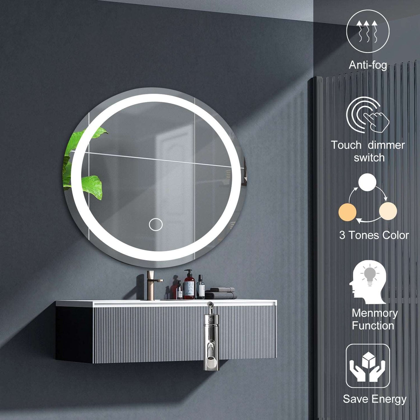 24 Inch LED Round Bathroom Mirror ANTI-FOGGING AND WATERPROOF