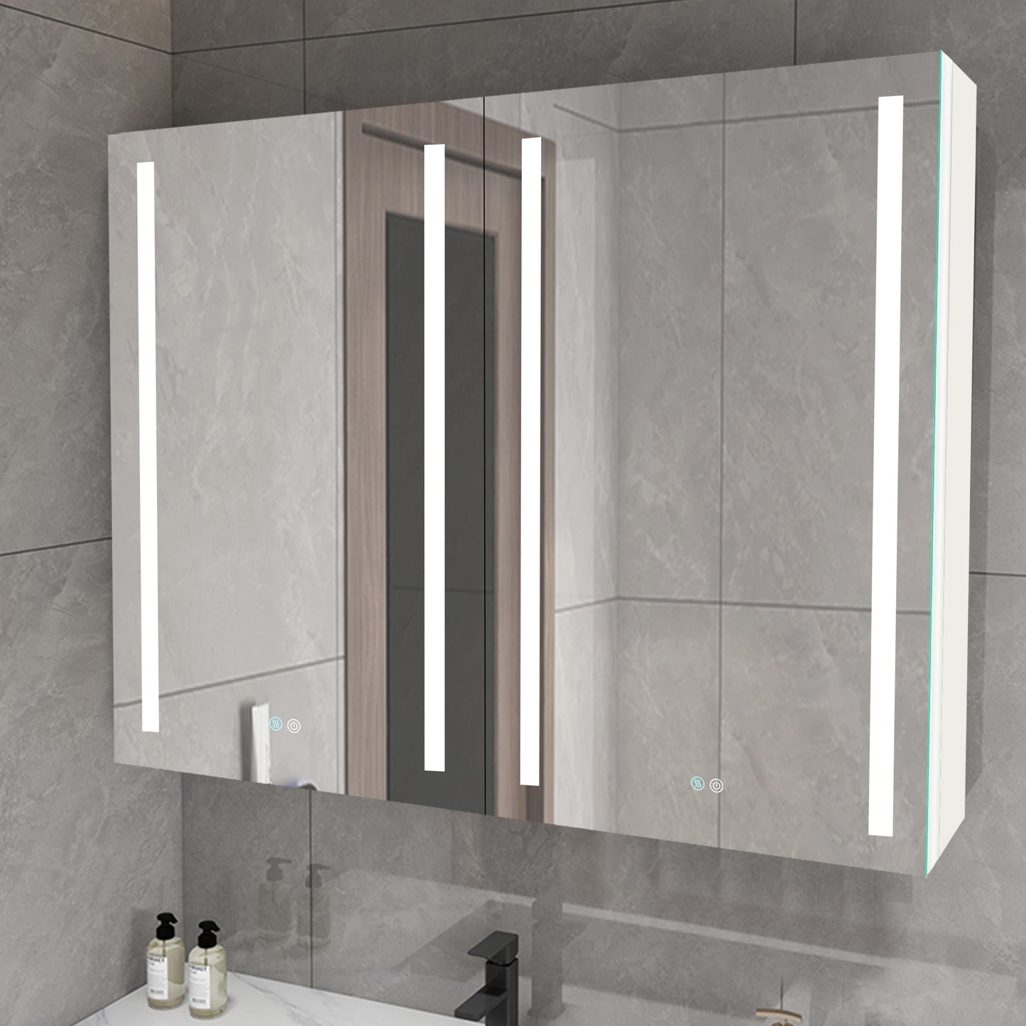 40x30 Inch LED Bathroom Medicine Cabinet Surface Mount Double Door Lighted Medicine Cabinet, Medicine Cabinets for Bathroom with Mirror Defogging, Dimmer White