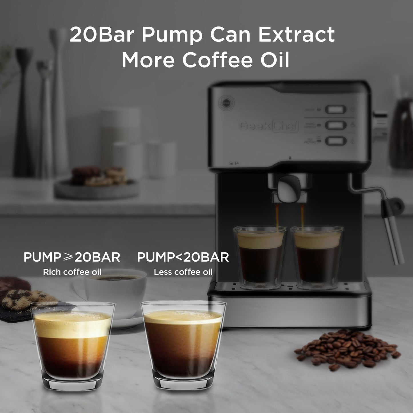 Geek Chef Espresso Machine, Espresso and Cappuccino latte Maker 20 Bar Pump Coffee Machine Compatible with ESE POD capsules filter&Milk Frother Steam Wand,950W,1.5L Water Tank Ban on Amazon