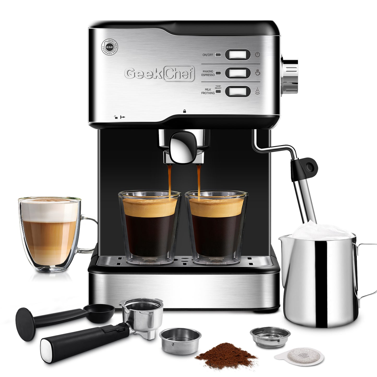 Geek Chef Espresso Machine, Espresso and Cappuccino latte Maker 20 Bar Pump Coffee Machine Compatible with ESE POD capsules filter&Milk Frother Steam Wand,950W,1.5L Water Tank Ban on Amazon