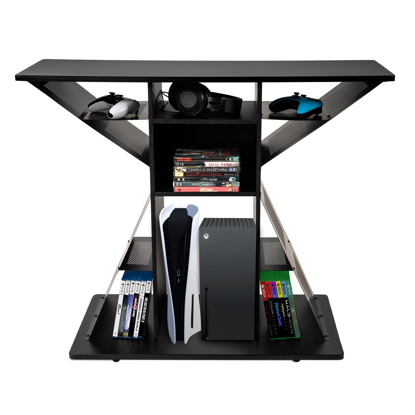 Gaming TV Stand, Holds your Consoles and Games, Built in Cable Management, 12 Storage Compartments