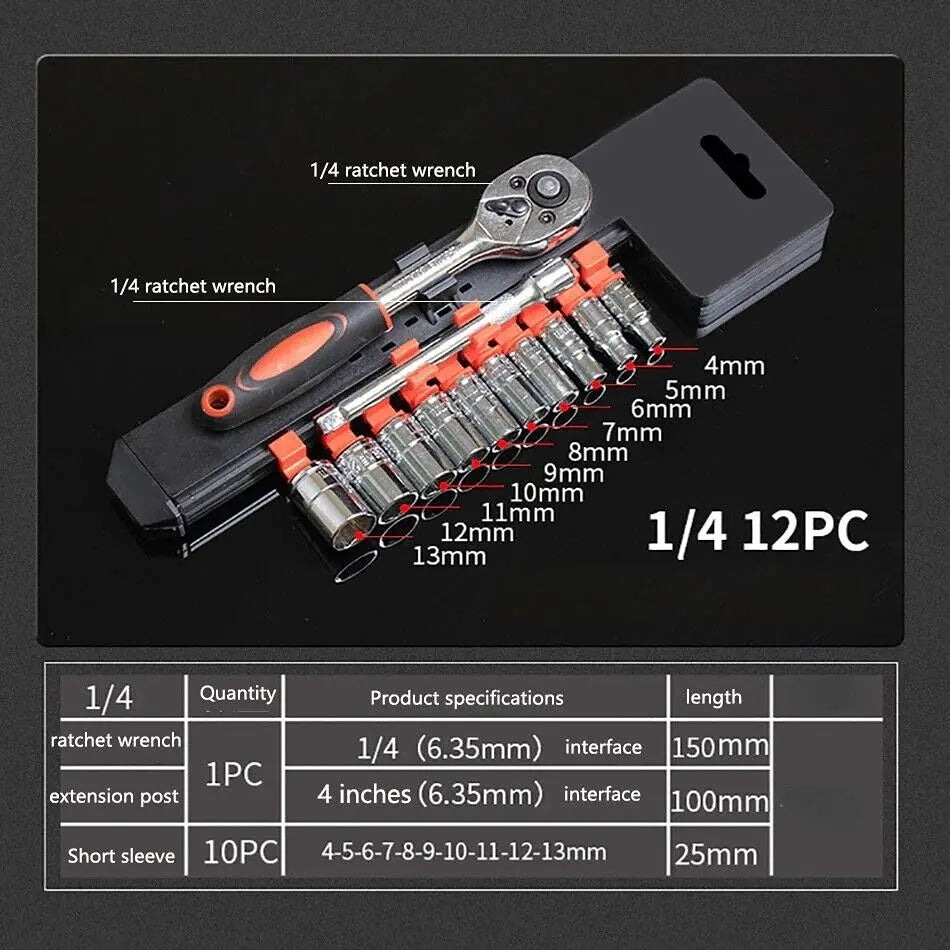 Krachtige 12Pcs 1/4 3/8 1/2 Inch Socket Ratchet Wrench Set for Bicycle Motorcycle Car Repairing Multi-function Wrench Tool