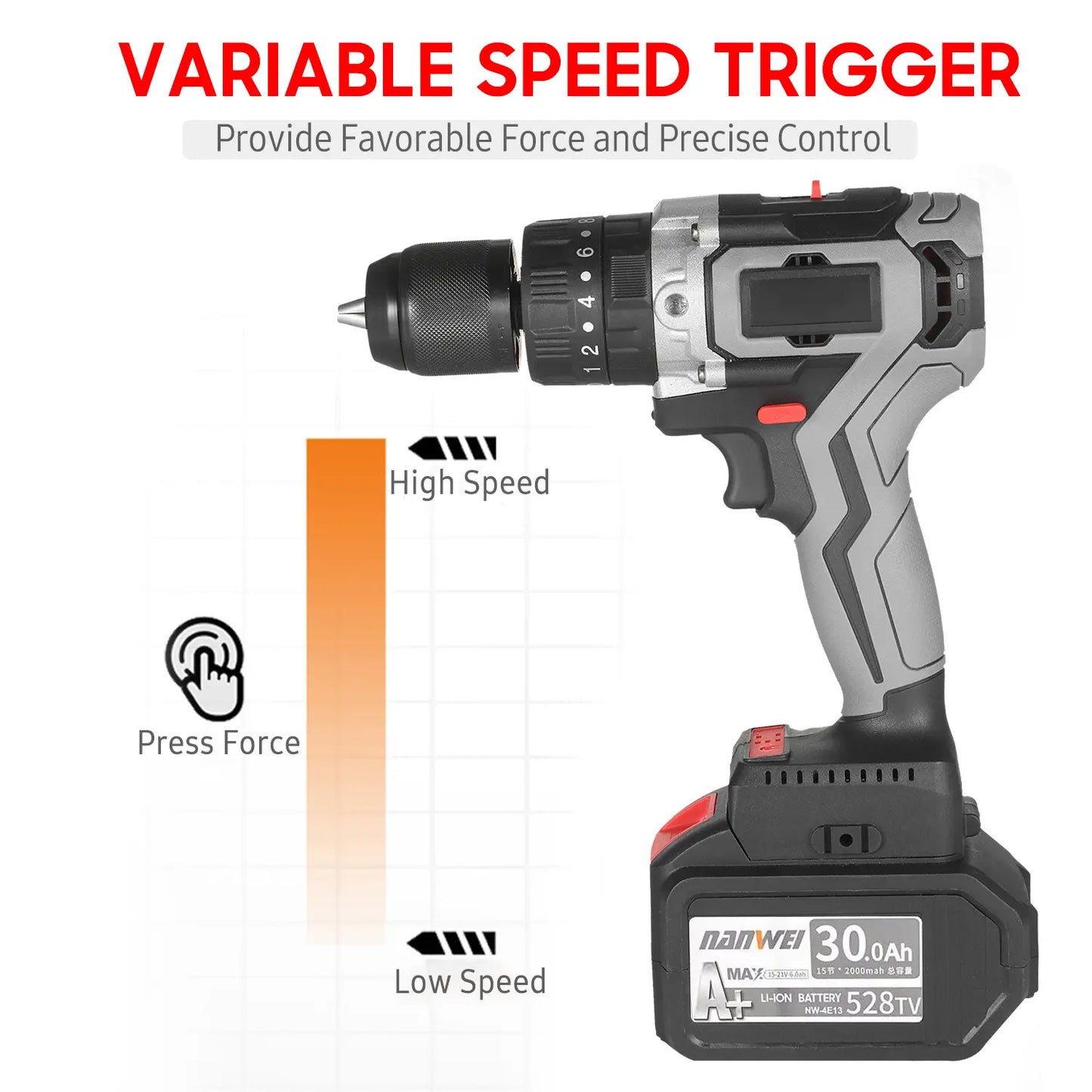 Home Cordless Electric Drill Driver 21V 30A Batteries Max Torque 200N.m Variable Speed Impact Hammer Drill Electric Screwdriver