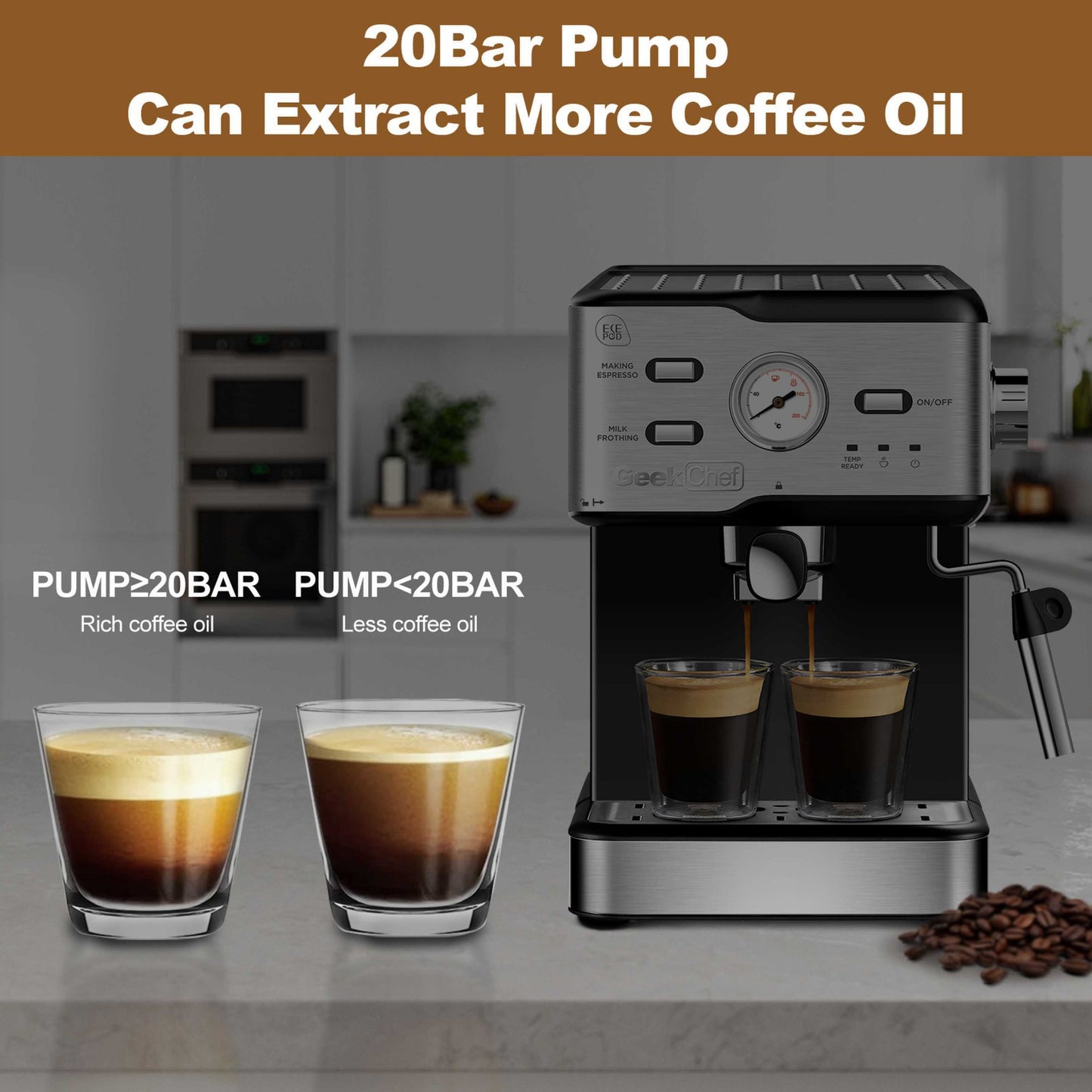 Espresso Machine 20 Bar Pump Pressure Cappuccino latte  with ESE POD filter&Milk Frother Steam Wand&thermometer, 1.5L Water Tank, Stainless steel Espresso Complimentary ESE Filter Ban on Amazon