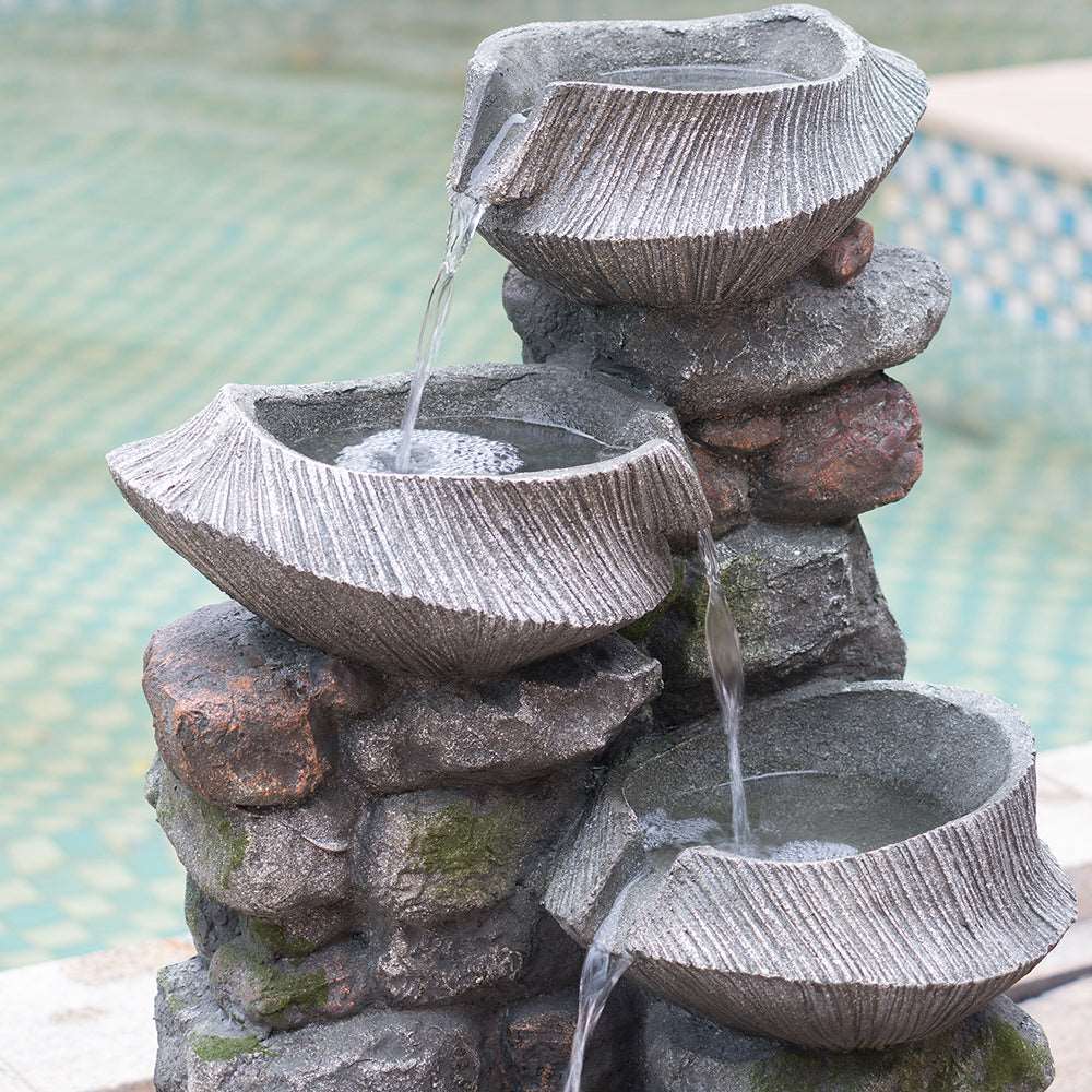 19x15x31.5" Indoor Outdoor Stone Water Fountain,  4-Tier Polyresin Cascading Rock Bowl Freestanding Fountain with LED Ligh