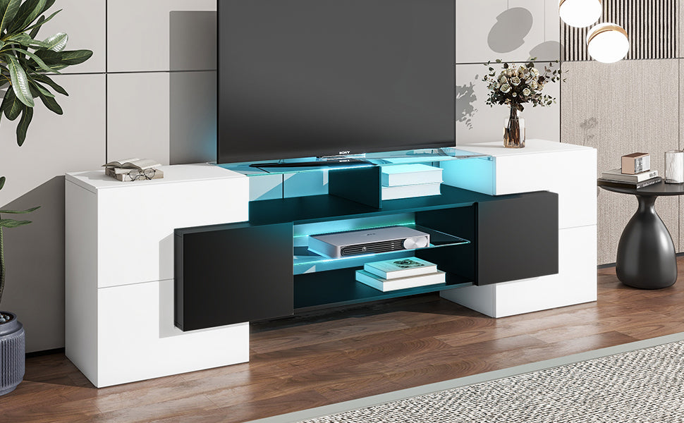 ON-TREND Unique Shape TV Stand with 2 Illuminated Glass Shelves, High Gloss Entertainment Center for TVs Up to 80", Versatile TV Cabinet with LED Color Changing Lights for Living Room, Black&White