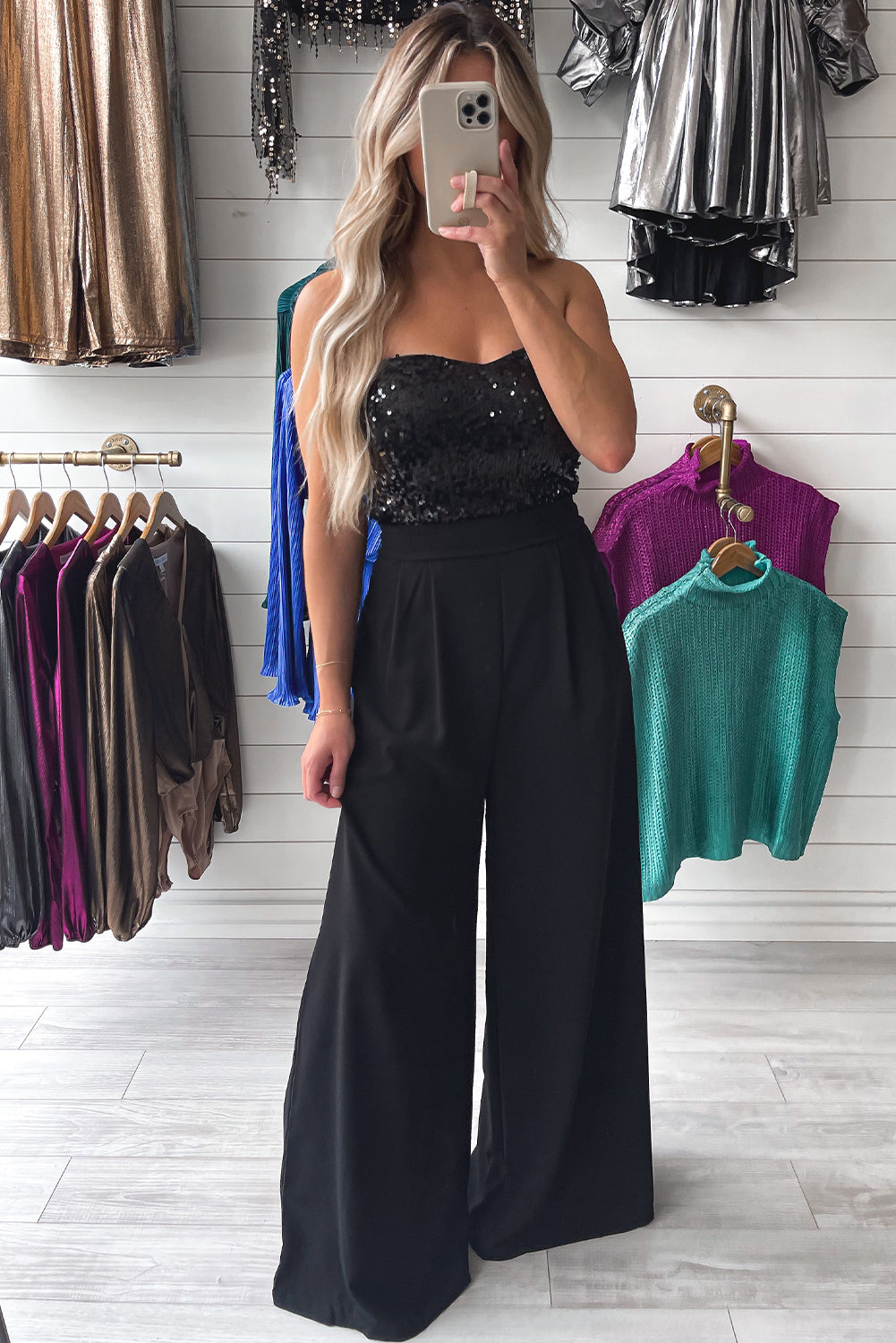 SEXY BUST huggin, BUTT huggin Black Sequin Tube Top Wide Leg Jumpsuit