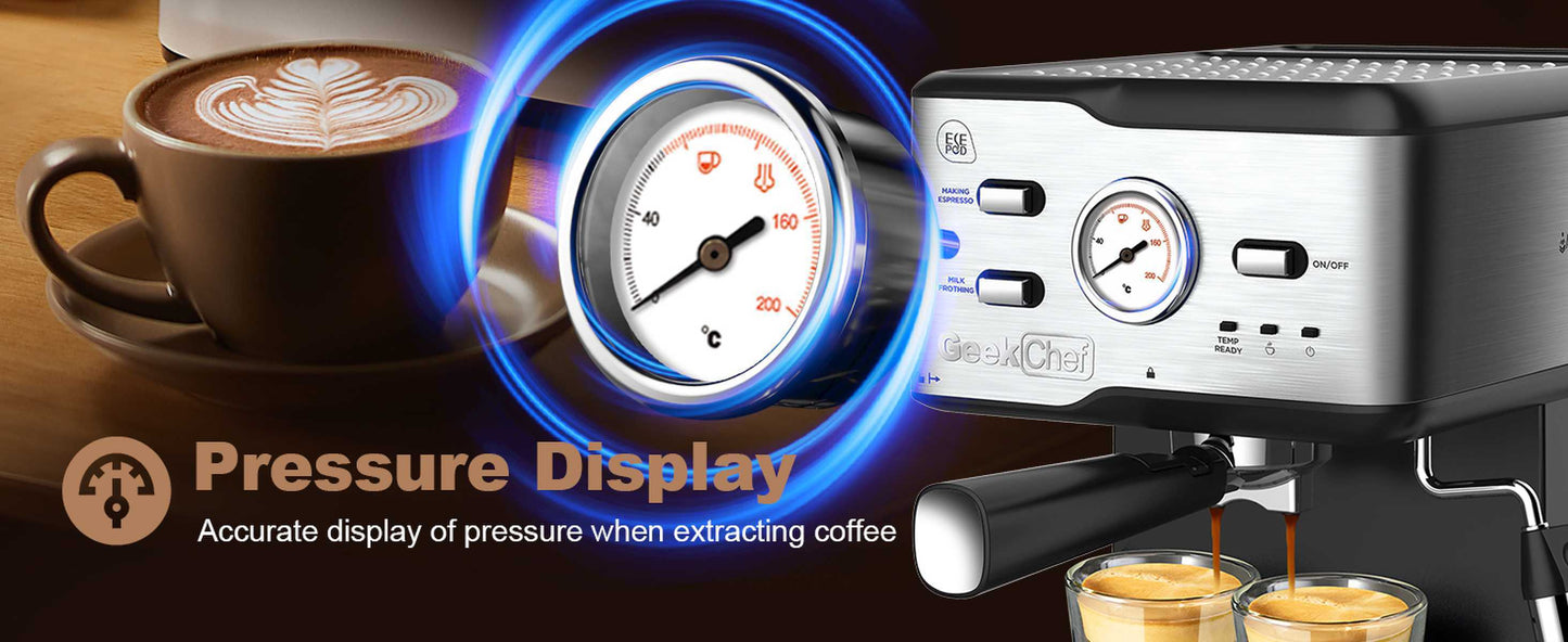 Espresso Machine 20 Bar Pump Pressure Cappuccino latte  with ESE POD filter&Milk Frother Steam Wand&thermometer, 1.5L Water Tank, Stainless steel Espresso Complimentary ESE Filter Ban on Amazon