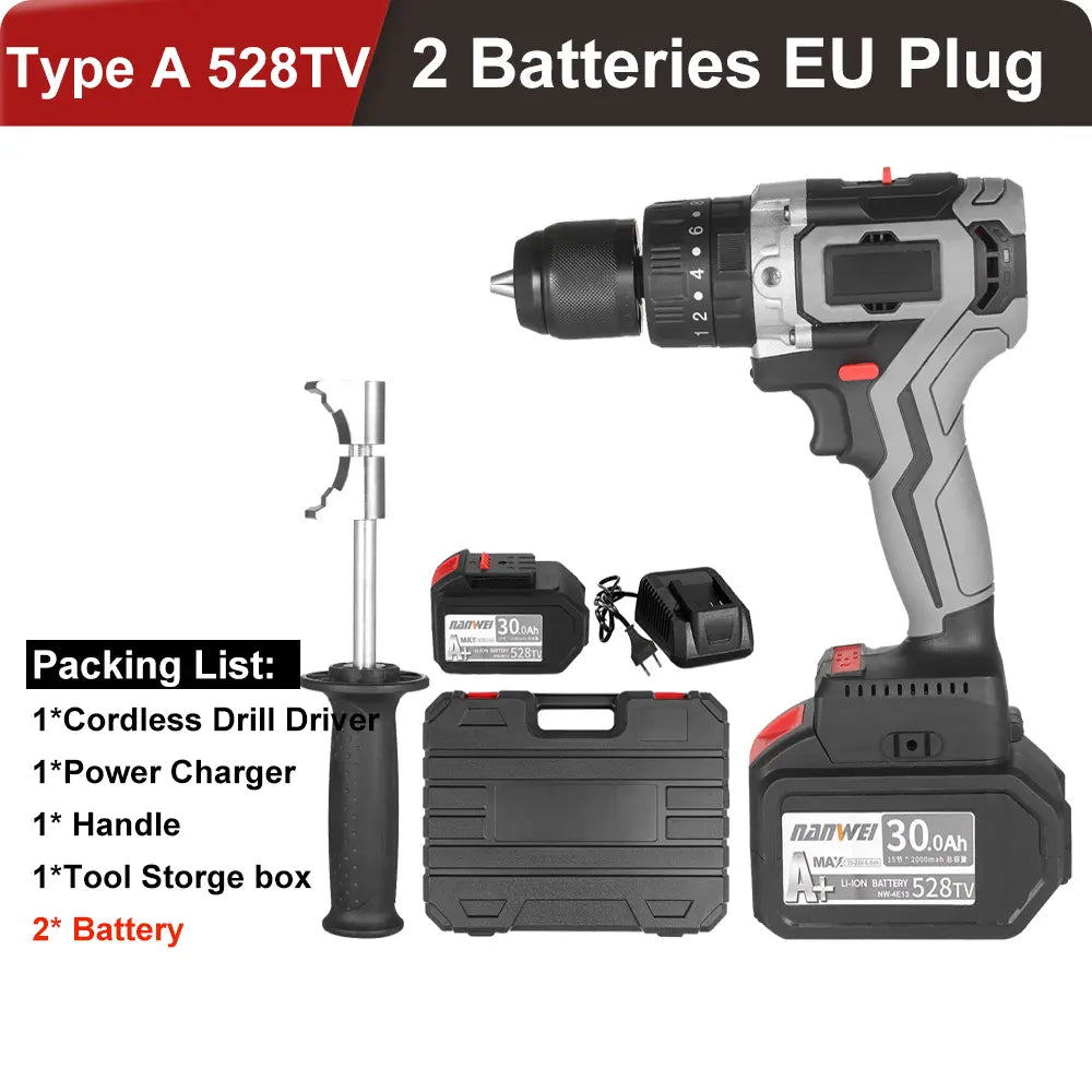 Home Cordless Electric Drill Driver 21V 30A Batteries Max Torque 200N.m Variable Speed Impact Hammer Drill Electric Screwdriver