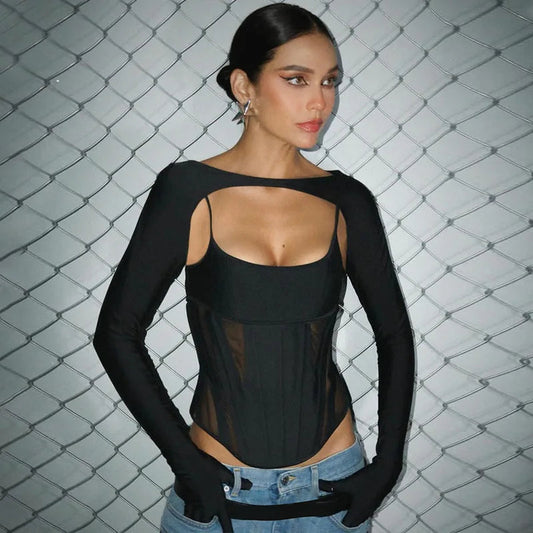 Sexy Slim Fit Camisole Long Sleeve Fingerless Gloves Coverall Set Top