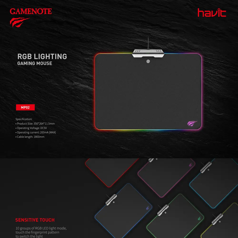 MP02 LED PC light mouse pad, USB cable mouse pad, 10 color modes, non-slip, touch button