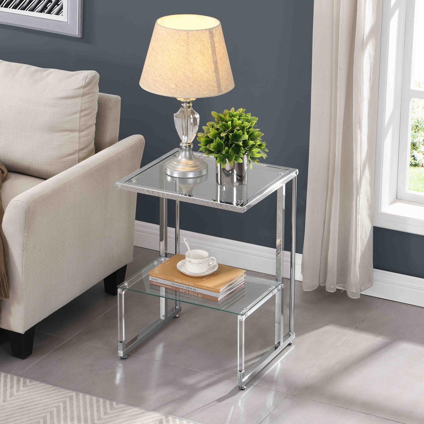 L-Shape 2-Tier Acrylic Glass End Table for Living Room&Bedroom_1