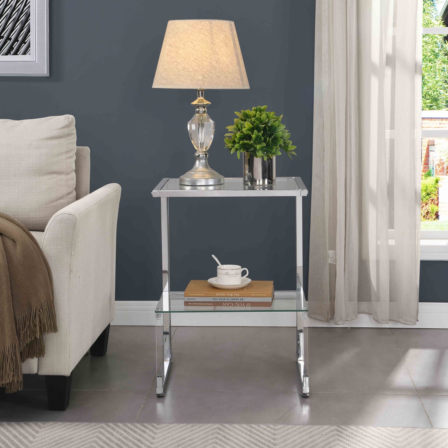 L-Shape 2-Tier Acrylic Glass End Table for Living Room&Bedroom_2