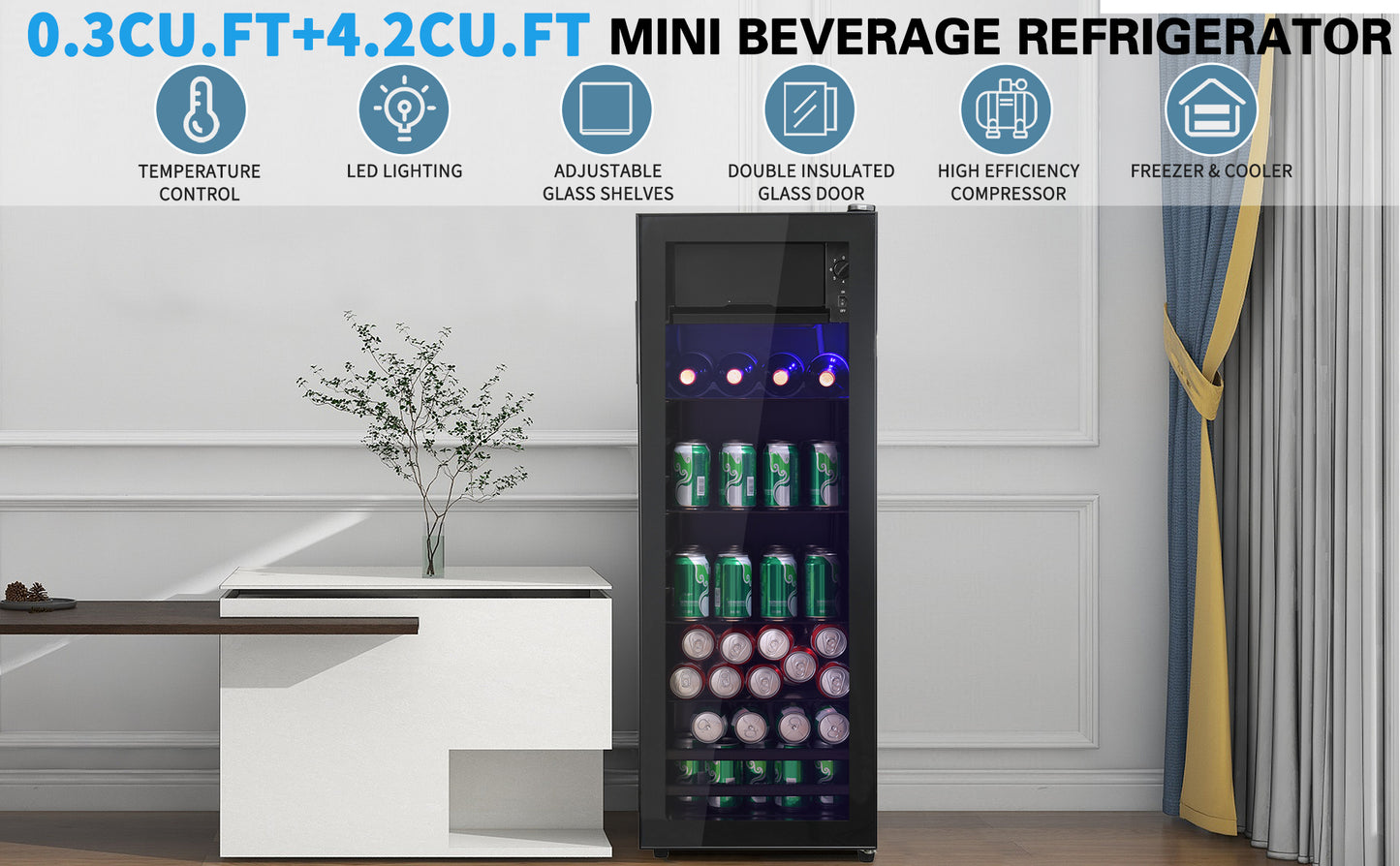 4.5Cu.ft mini fridge, 0.3Cu.ft freezer, up to 94 cans of soda, beer or wine. Silent, high-efficiency and energy-saving compressor, LED lighting, 16.10"×15.70"×43.10", home, RV, apartment, office, etc.