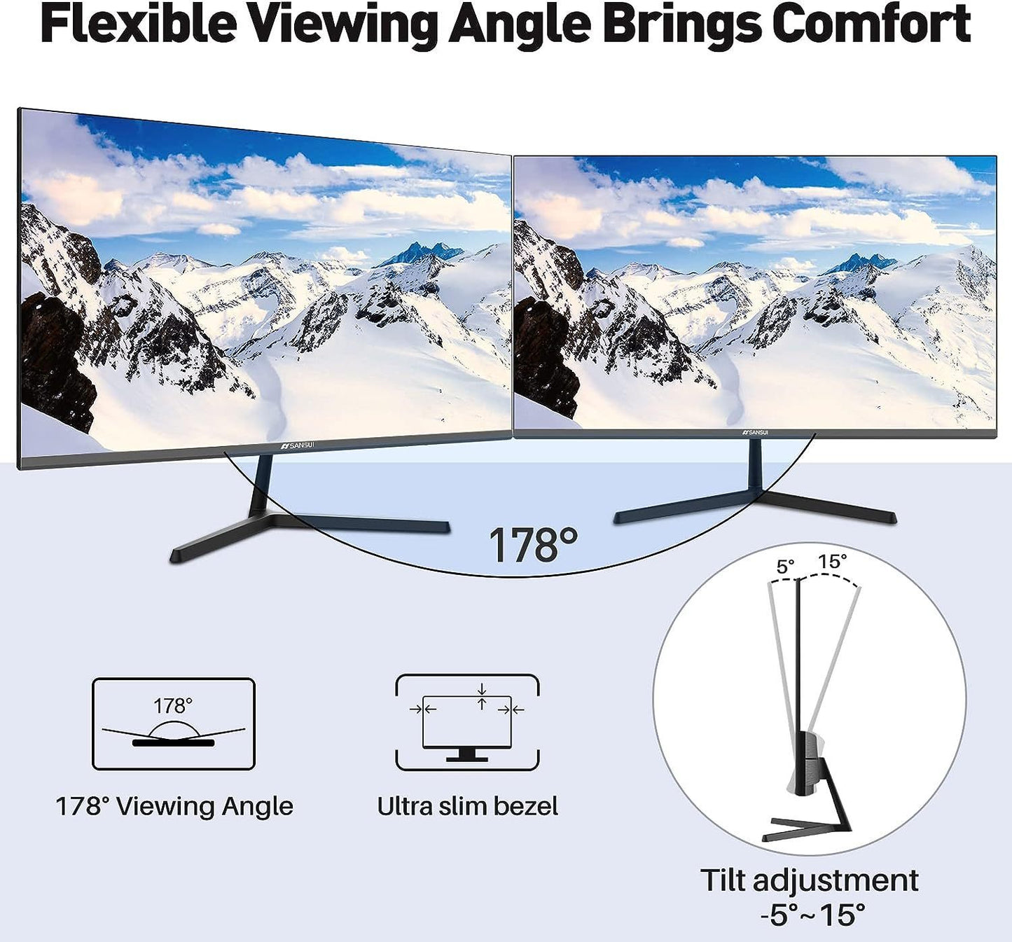 Sansui Monitor 22 Inch IPS 75Hz FHD 1080P HDMI VGA Ports Computer Monitor Ultra-Thin Tilt Adjustable VESA Mount Compatible with Eye Comfort 178° Wide Viewing Angle for Game and Office