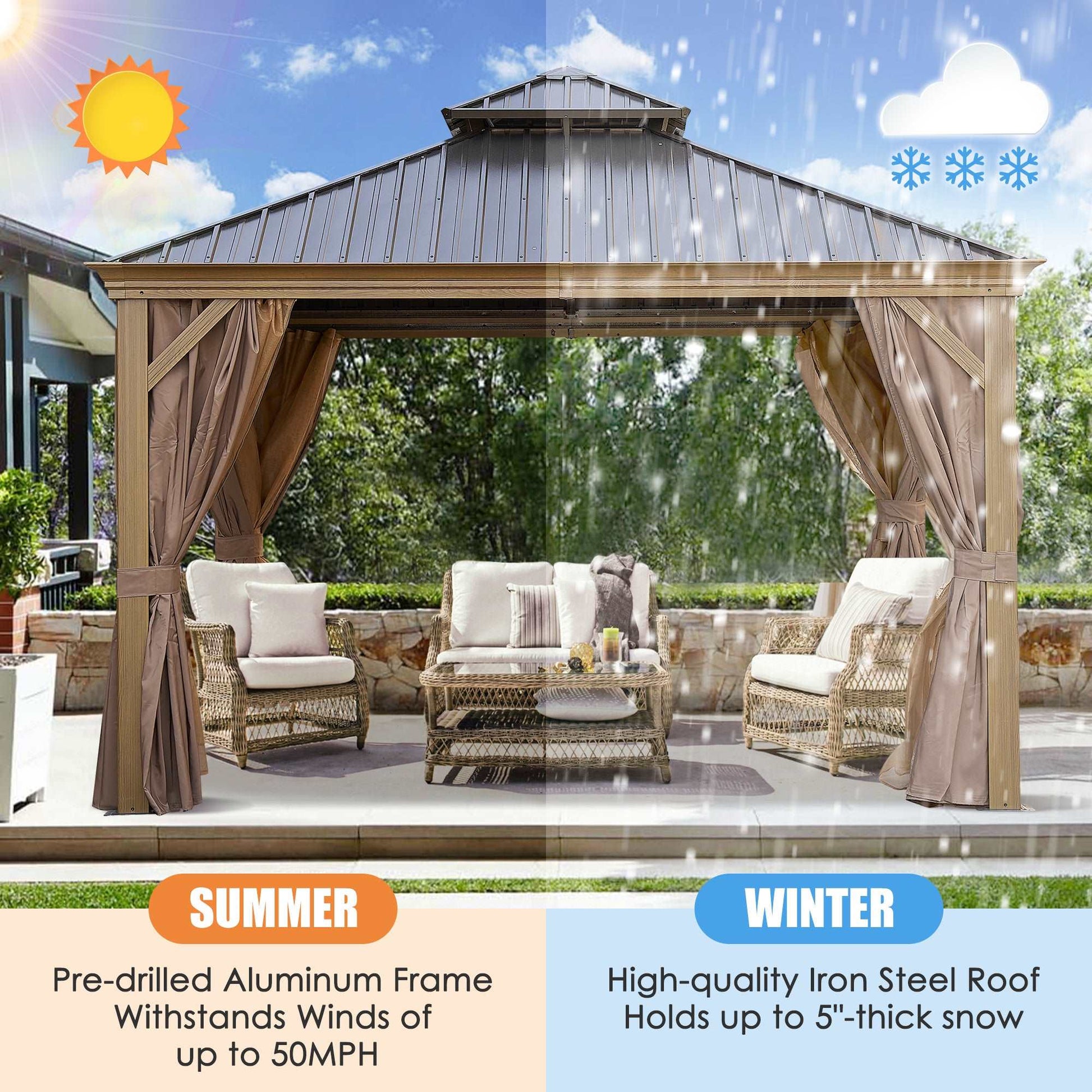 12*12FT patic gazebo,alu gazebo with steel canopy,Outdoor Permanent Hardtop Gazebo Canopy for Patio, Garden, Backyard