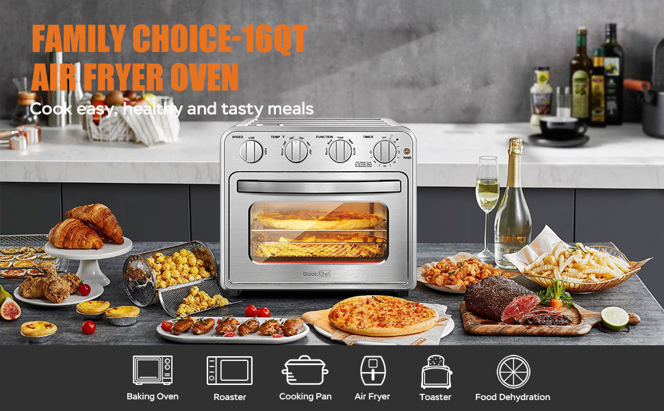 Geek Chef Air Fryer Toaster Oven Combo, 4 Slice Toaster Convection Oven Warm, Broil, Toast, Bake, Oil-Free, Accessories Included, Stainless Steel, Silver(16QT Air Fryer Oven) Ban on Amazon, Temu