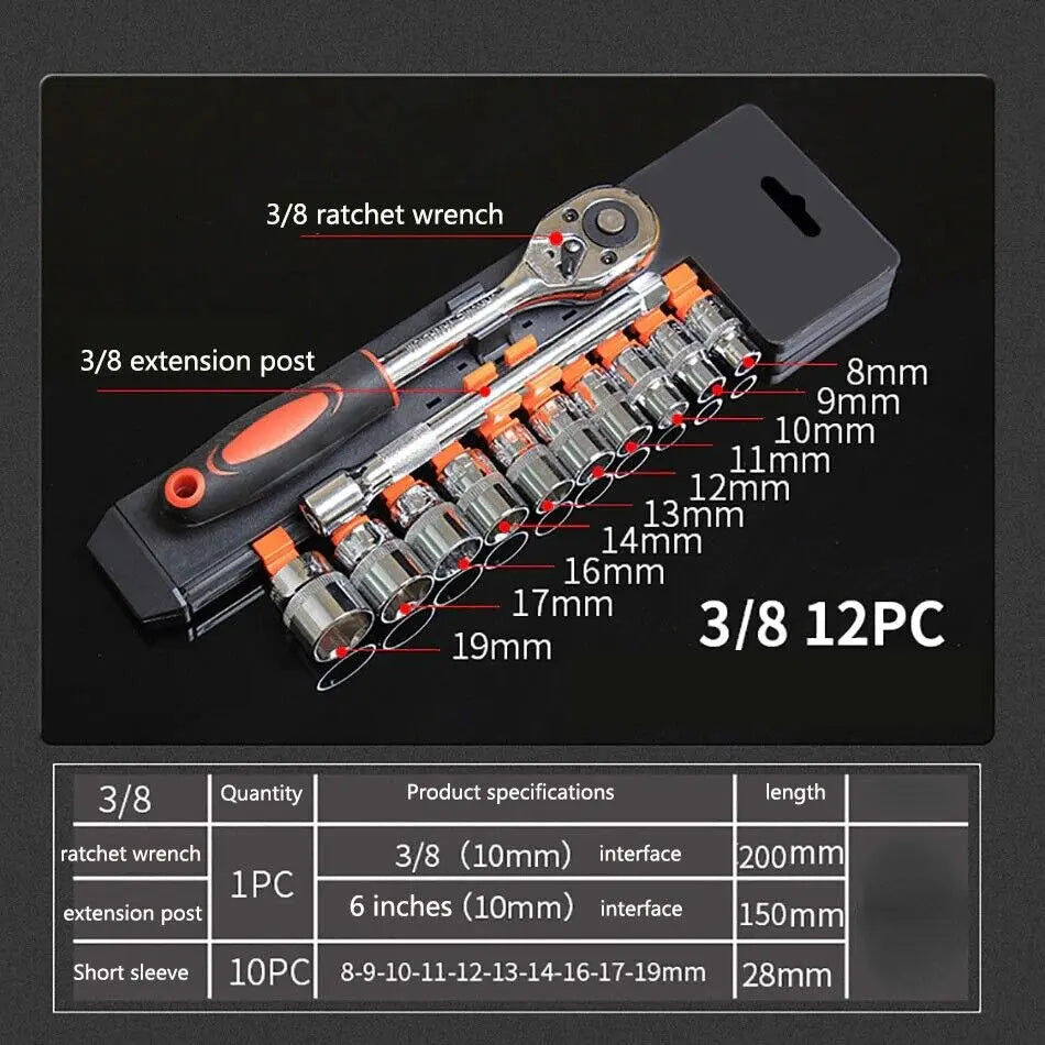 Krachtige 12Pcs 1/4 3/8 1/2 Inch Socket Ratchet Wrench Set for Bicycle Motorcycle Car Repairing Multi-function Wrench Tool