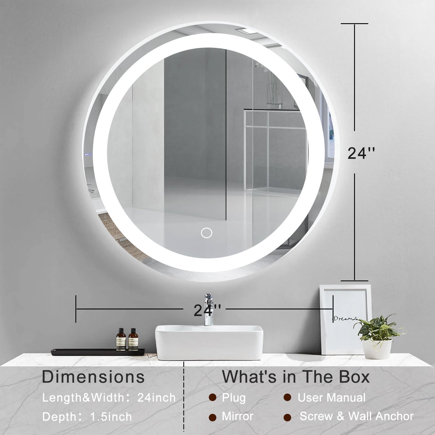 24 Inch LED Round Bathroom Mirror ANTI-FOGGING AND WATERPROOF