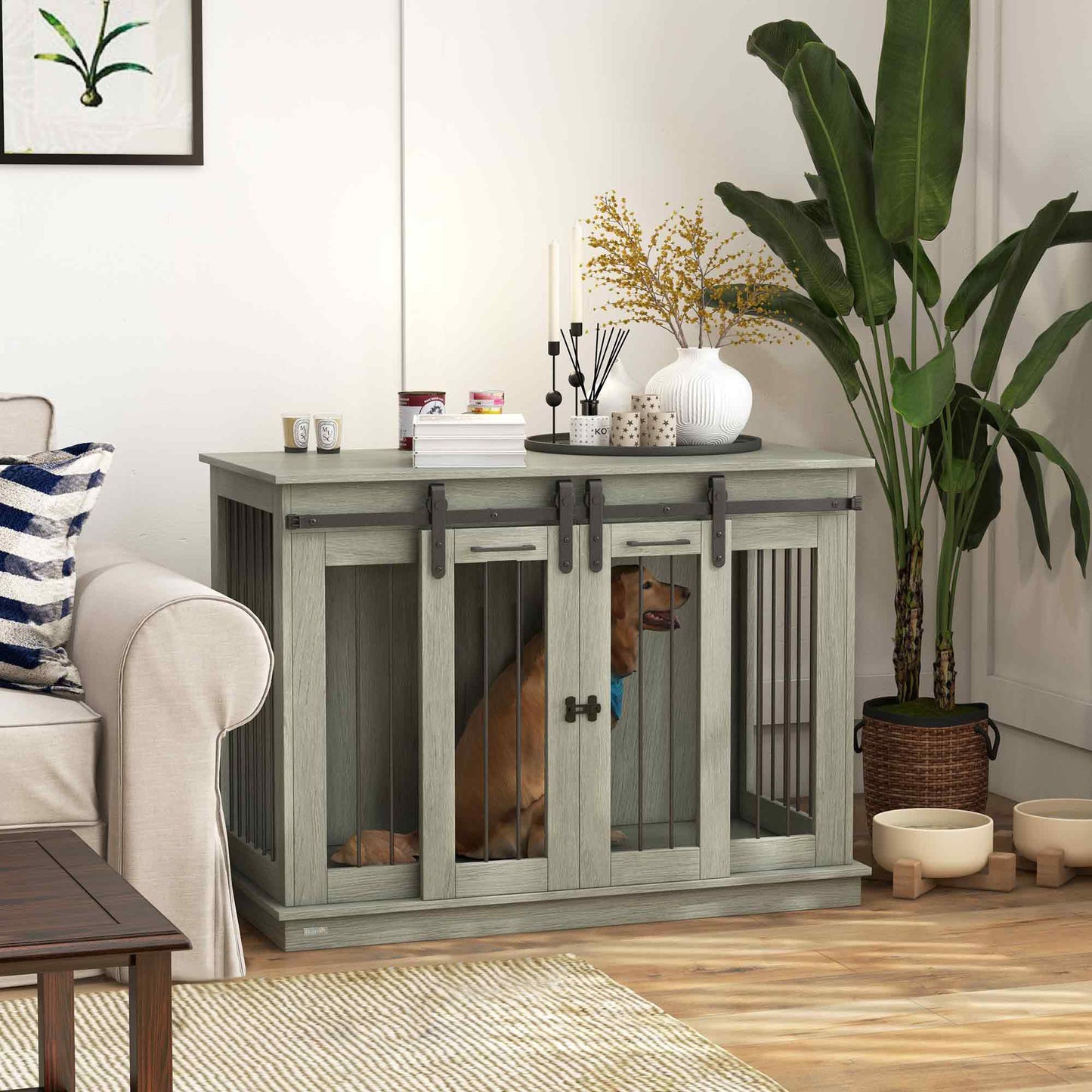 PawHut Dog Crate Furniture with Divider, Dog Crate End Table for Small to Large Dogs, Large Indoor Dog Kennel with Double Doors, 47"W x 23.5"D x 35"H, Gray