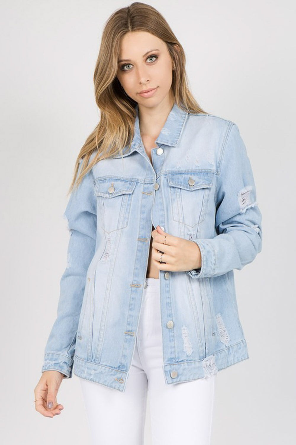 Bang-Up American Bazi Letter Patched Distressed Denim Jacket