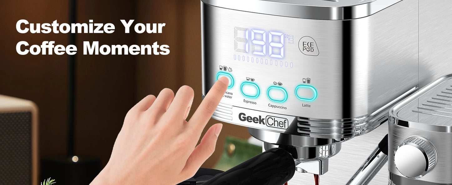 Geek Chef Espresso and Cappuccino Machine with Automatic Milk Frother,20Bar Espresso Maker for Home, for Cappuccino or Latte,with ESE POD filter, Stainless Steel, Gift for Coffee Lover Ban on Amazon