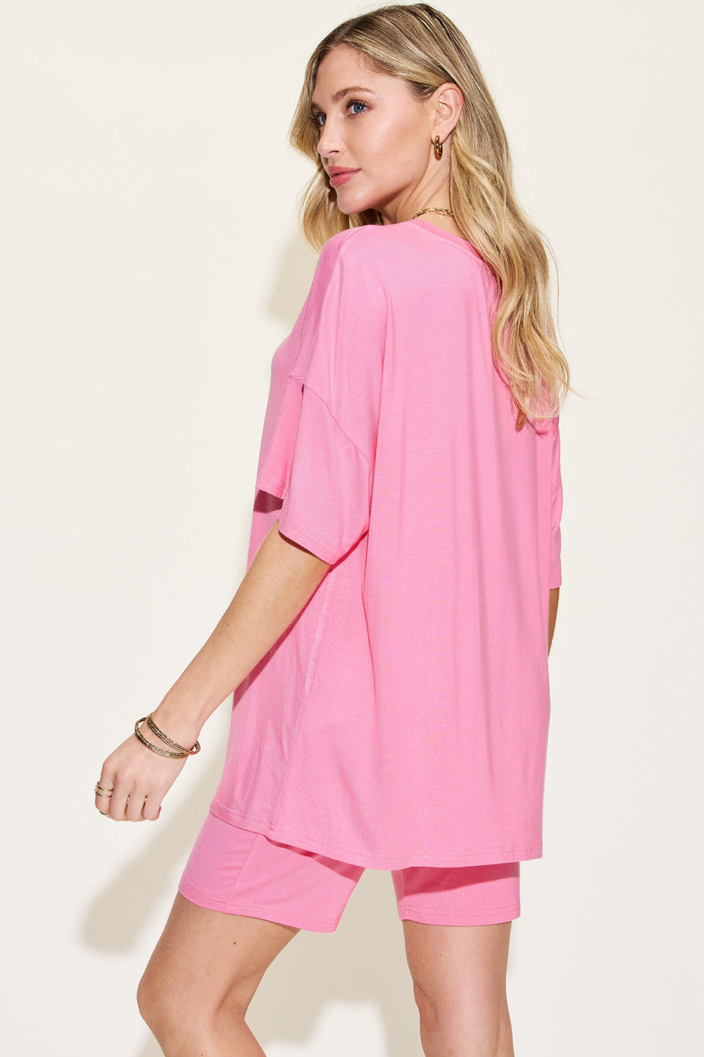 PINK Basic Bae Full Size V-Neck Drop Shoulder T-Shirt and Shorts Set