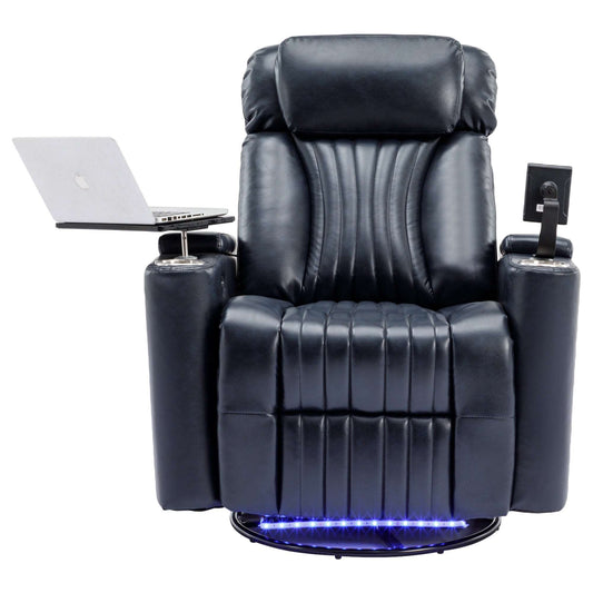 270° Power Swivel Recliner,Home Theater Seating With Hidden Arm Storage and  LED Light Strip,Cup Holder,360° Swivel Tray Table,and Cell Phone Holder,Soft Living Room Chair,Blue