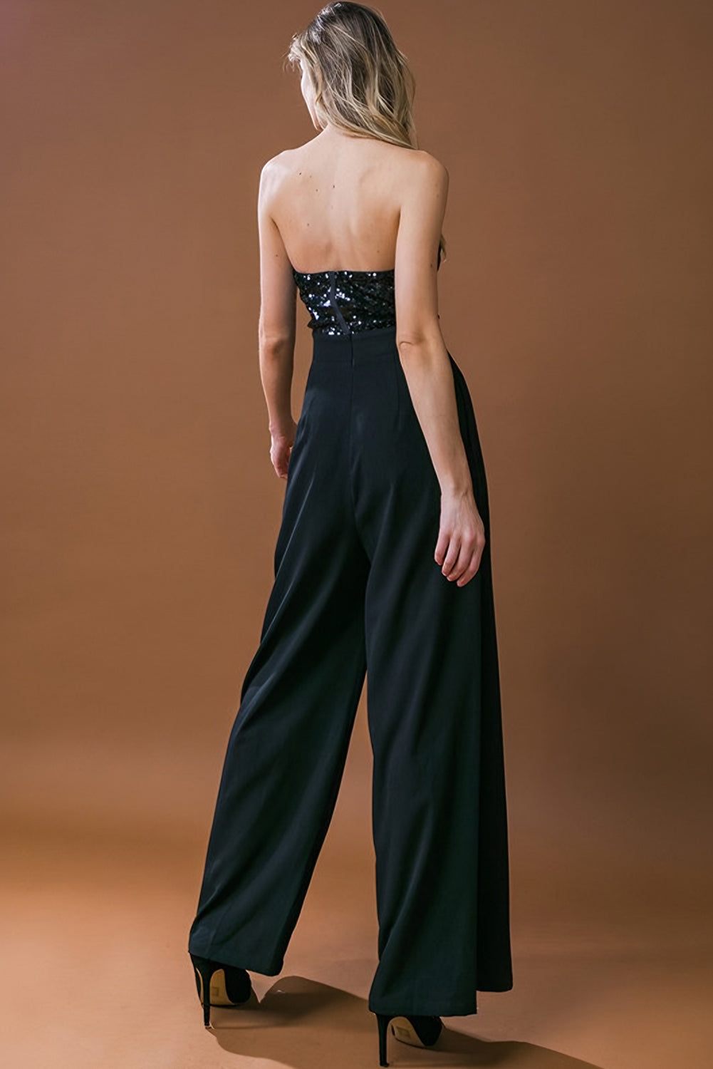 SEXY BUST huggin, BUTT huggin Black Sequin Tube Top Wide Leg Jumpsuit