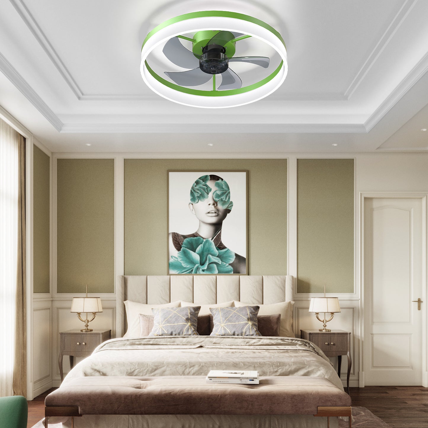 Ceiling Fans with Lights Dimmable LED Embedded installation of thin modern ceiling fans(Green)