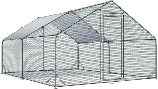 Large Metal Chicken Coop Walk-in Poultry Cage Hen Run House Rabbits Habitat Cage Spire Shaped Coop with Waterproof and Anti-Ultraviolet Cover (13.1' L x 9.8' W x 6.4' H)