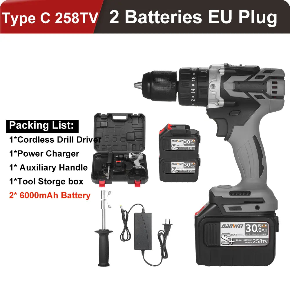 Home Cordless Electric Drill Driver 21V 30A Batteries Max Torque 200N.m Variable Speed Impact Hammer Drill Electric Screwdriver