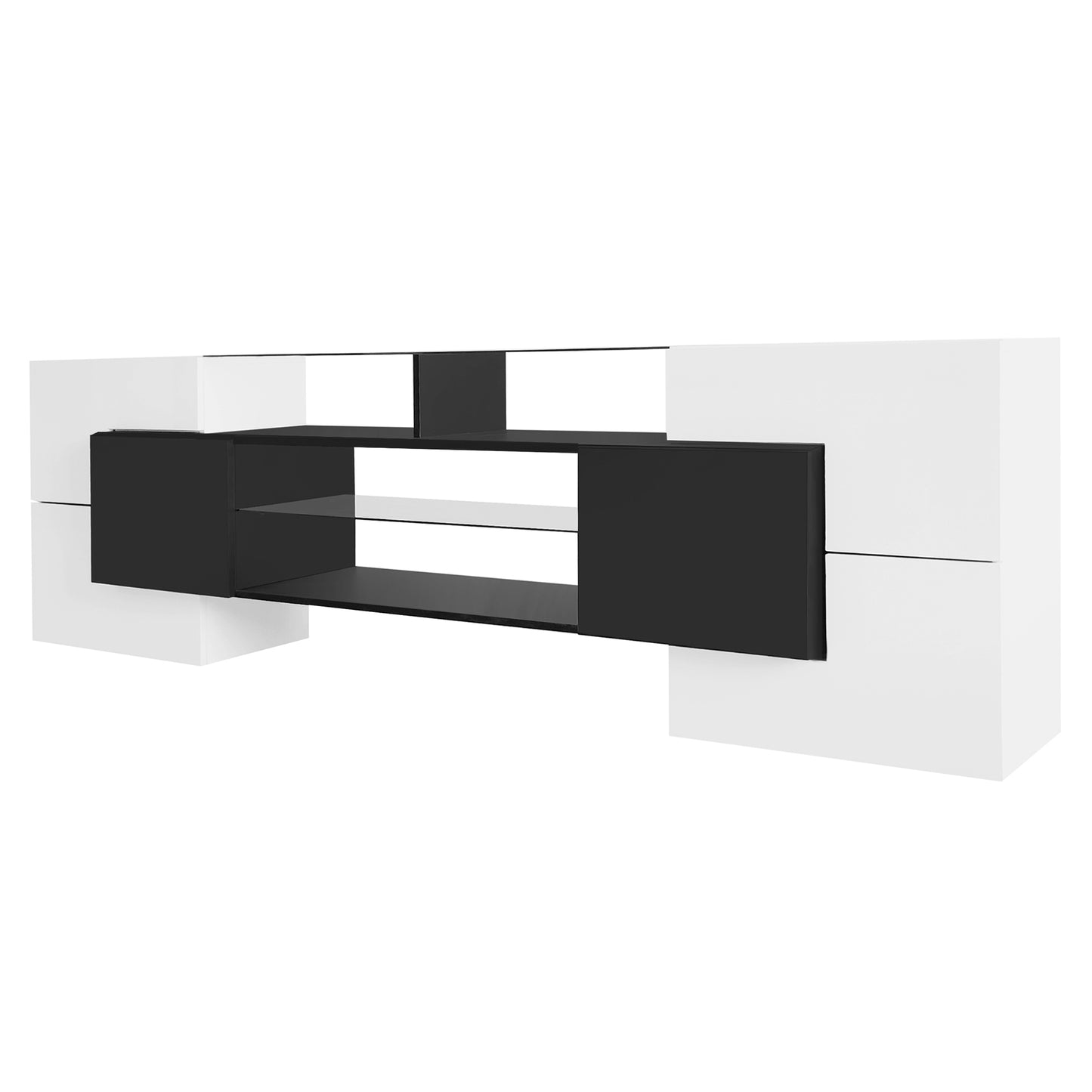 ON-TREND Unique Shape TV Stand with 2 Illuminated Glass Shelves, High Gloss Entertainment Center for TVs Up to 80", Versatile TV Cabinet with LED Color Changing Lights for Living Room, Black&White