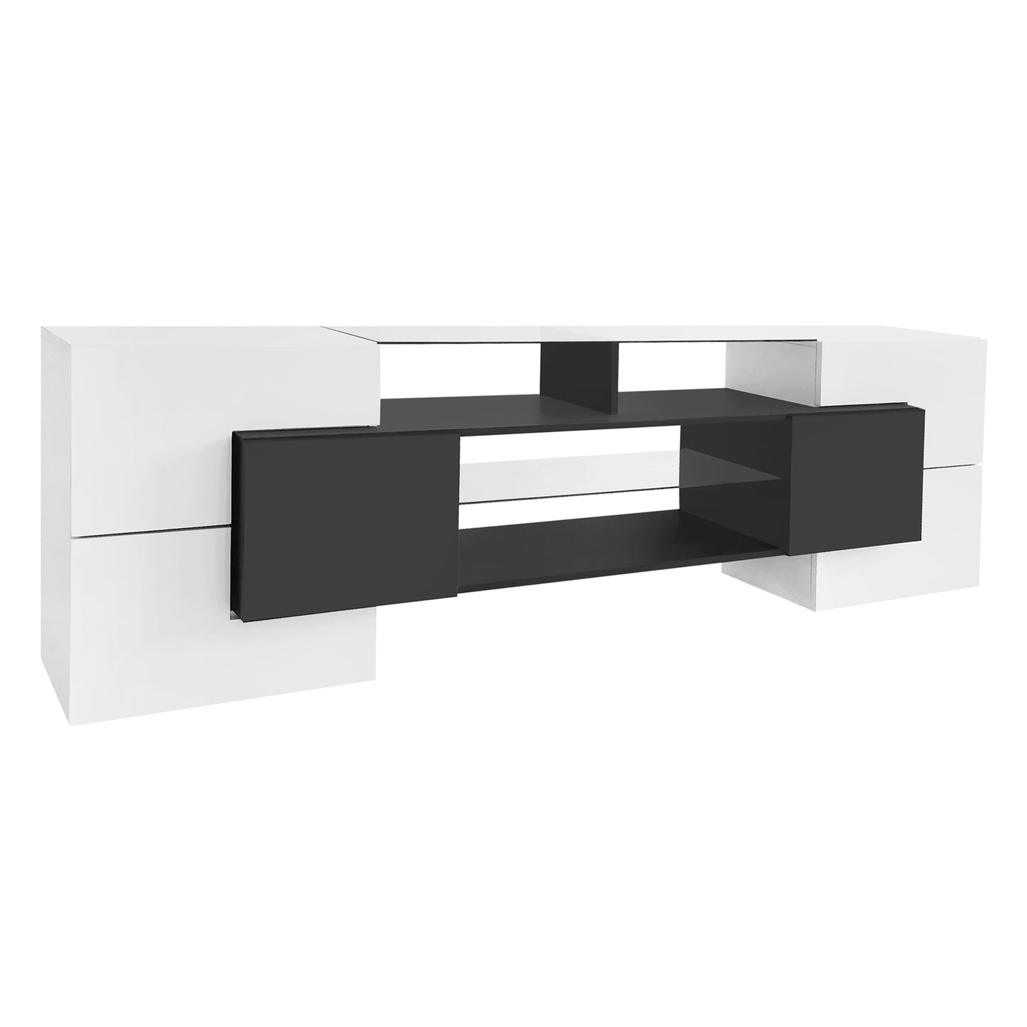 ON-TREND Unique Shape TV Stand with 2 Illuminated Glass Shelves, High Gloss Entertainment Center for TVs Up to 80", Versatile TV Cabinet with LED Color Changing Lights for Living Room, Black&White